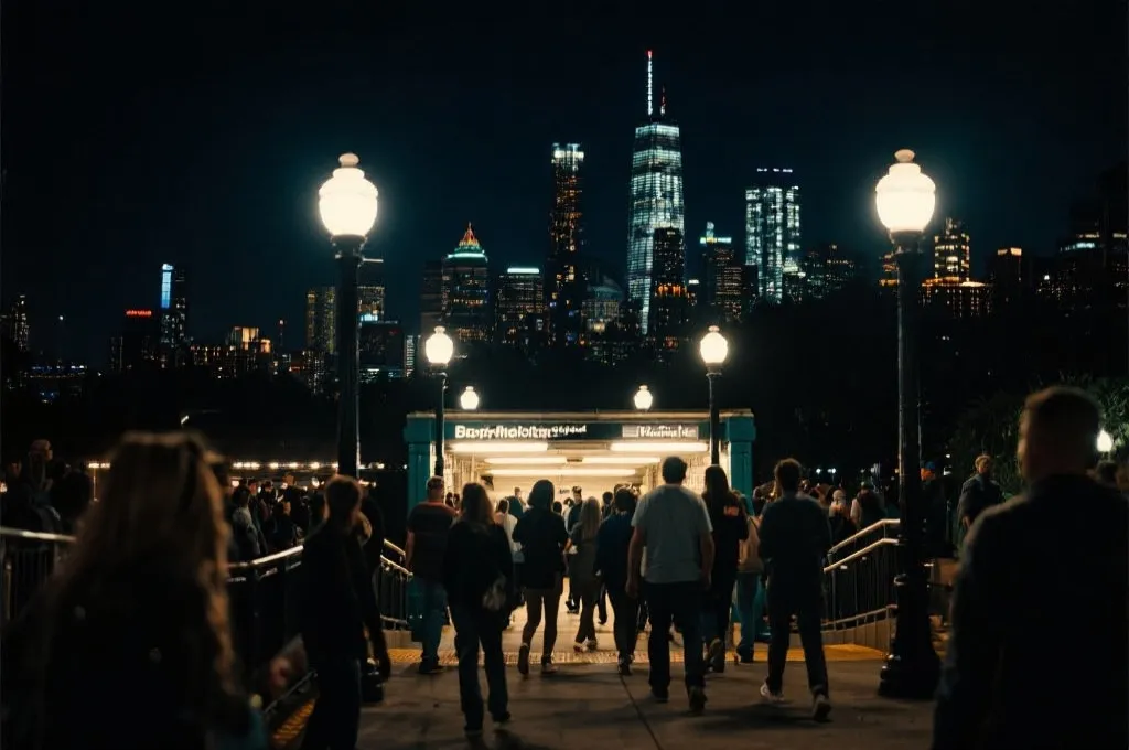 夜间比赛散场的人群从球场步行至地铁站，路灯明亮，城市天际线背景